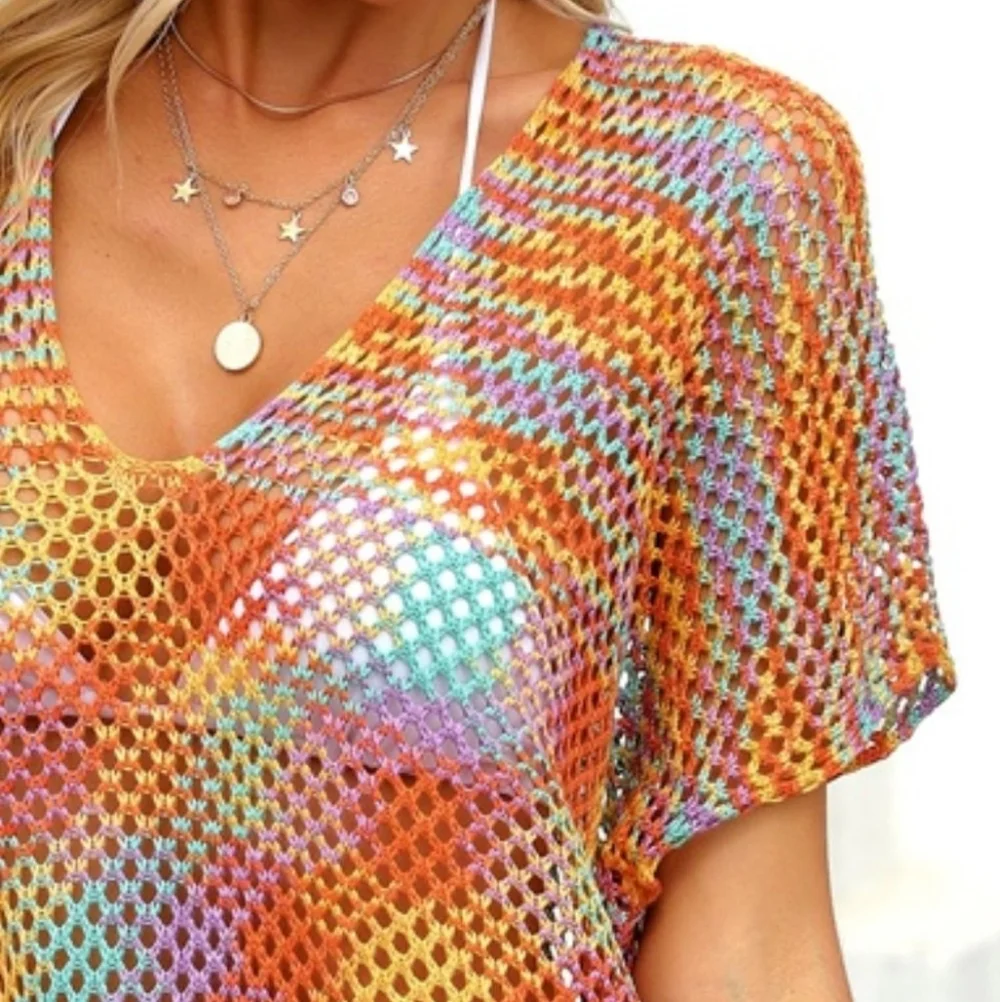 Stylish Multicolor Openwork Contrast Swim Cover-Up